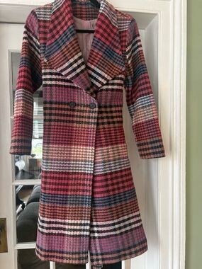 Women’s Plaid Double-Breasted Pea Coat - Red Multi